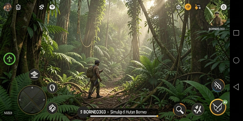 Tampilan gameplay BORNEO303 yang menakjubkan di hutan Borneo.