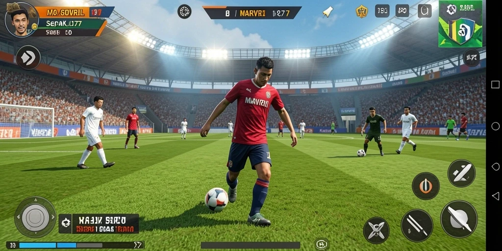 Screenshot gameplay MARVRL77 menampilkan aksi seru di lapangan sepak bola.
