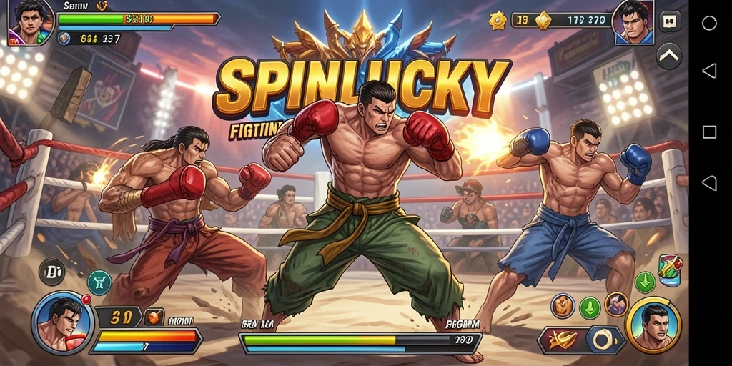 Tampilan gameplay seru dalam SPINLUCKY dengan aksi pertarungan mendebarkan.