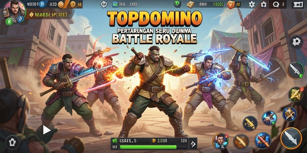 Screenshot gameplay TOPDOMINO menampilkan pertarungan seru di arena Battle Royale.